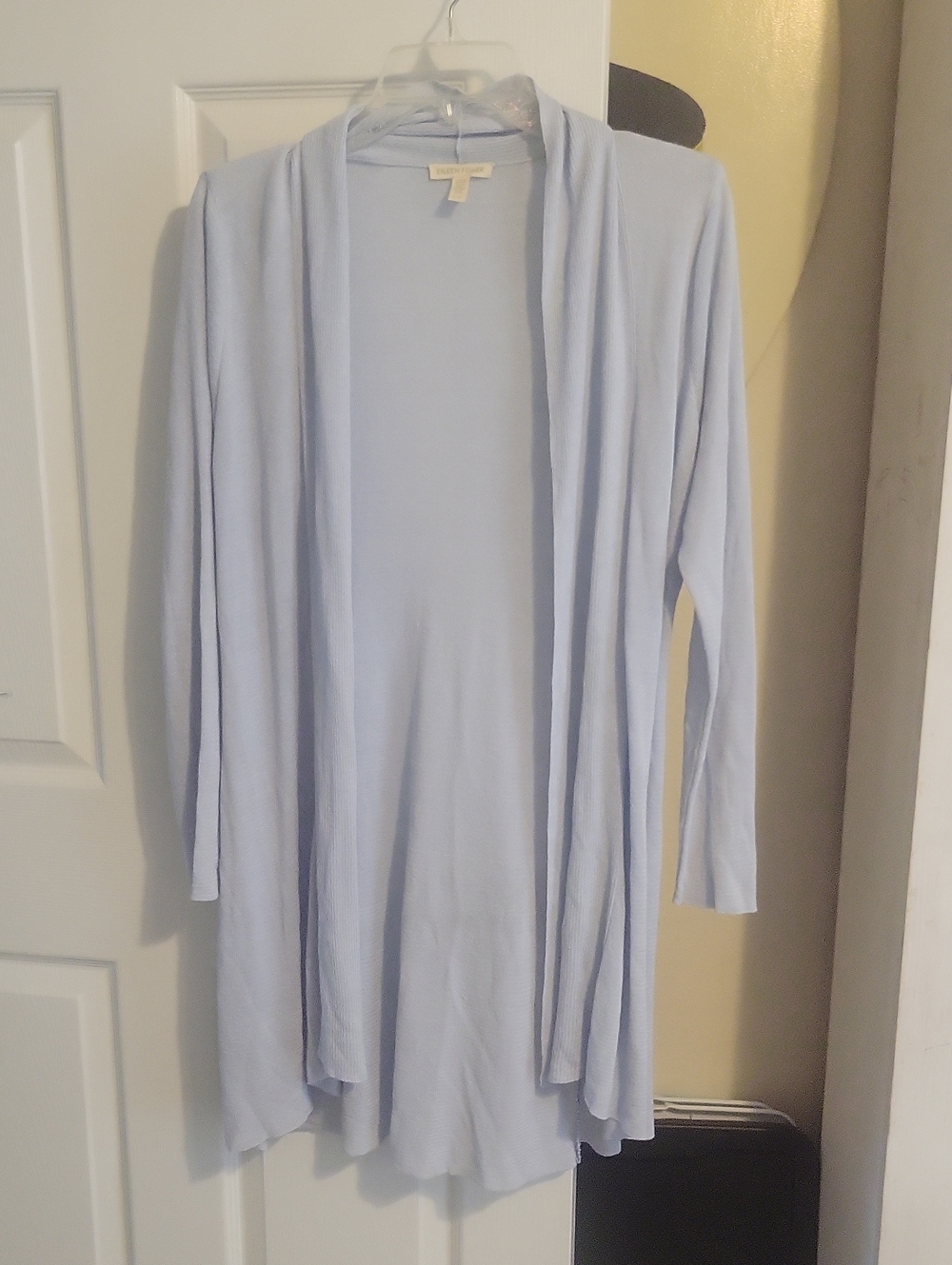 EILEEN FISHER SzLg Pale Blue Knit Organic Linen Open Front Cardigan
